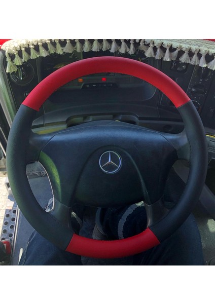 Dikişli Direksiyon Kılıfı Siyah Deri Kırmızı Deri Siyah Dikişli 4140 Mercedes Tır Kamyon Için