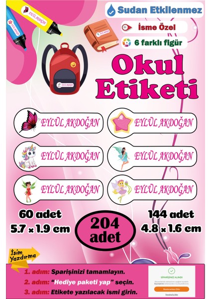 Kişiye Isme Özel Okul Etiketi Isim Etiketi Kalem Defter Etiketi Sticker Kız Figürlü Isimli Etiket