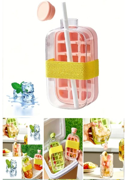 Yeni Nesil Basmalı Buz Kalıbı Pipetli Su Şişesi 18 Bölmeli Hazneli Buz Küpü 800 Ml-Pebme