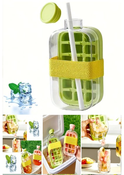 Yeni Nesil Basmalı Buz Kalıbı Pipetli Su Şişesi 18 Bölmeli Hazneli Buz Küpü 800 Ml-Yeşil
