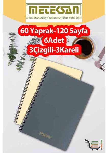 6 Adet A4 Ebat 60 YAPRAK(120 Sayfa) Spiralli Plastik Kapaklı Okul Defteri-Meteksan