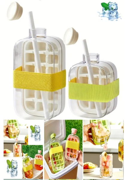 2'li Yeni Nesil Basmalı Buz Kalıbı Pipetli Su Şişesi 18 Bölmeli Hazneli Buz Küpü 800 ml 500 ml