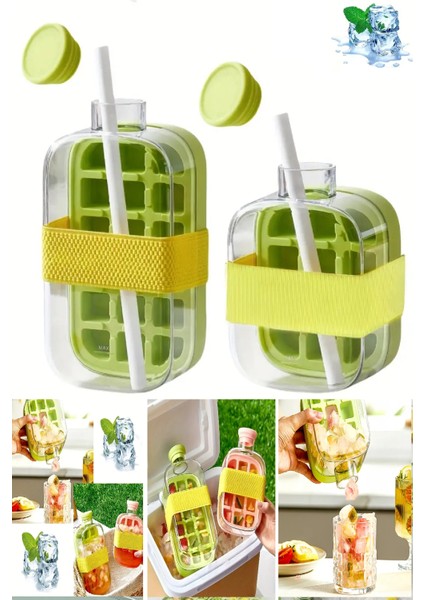 2ADET Yeni Nesil Basmalı Buz Kalıbı Pipetli Su Şişesi 18 Bölmeli Hazneli Buz Küpü 800 ml 500 ml