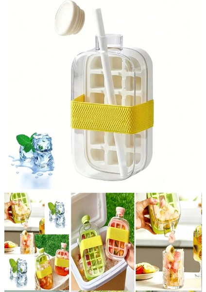 Yeni Nesil Basmalı Buz Kalıbı Pipetli Su Şişesi 18 Bölmeli Hazneli Buz Küpü 800 Ml-Beyaz