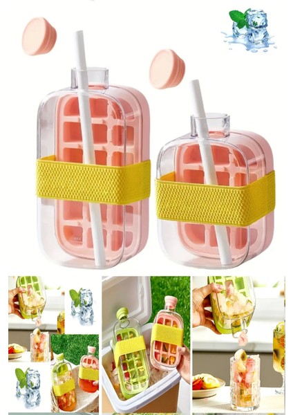 2li Yeni Nesil Basmalı Buz Kalıbı Pipetli Su Şişesi 18 Bölmeli Hazneli Buz Küpü 800 ml 500 ml