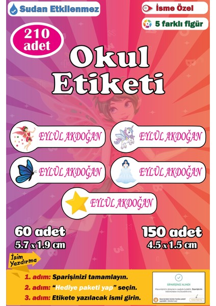 Kişiye Isme Özel Okul Etiketi Isim Etiketi Kalem Defter Etiketi Sticker Kız Figürlü Isimli Etiket