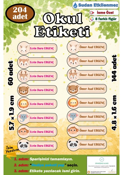 Kişiye Isme Özel Okul Etiketi Isim Etiketi Kalem Defter Etiketi Sticker Hayvan Figürlü Isimli Etiket