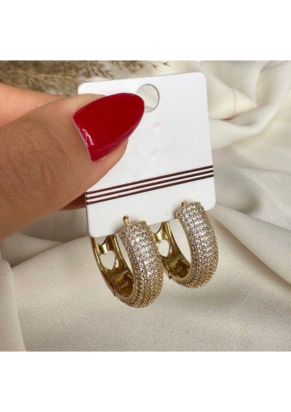 Gold Taşlı Halka Küpe