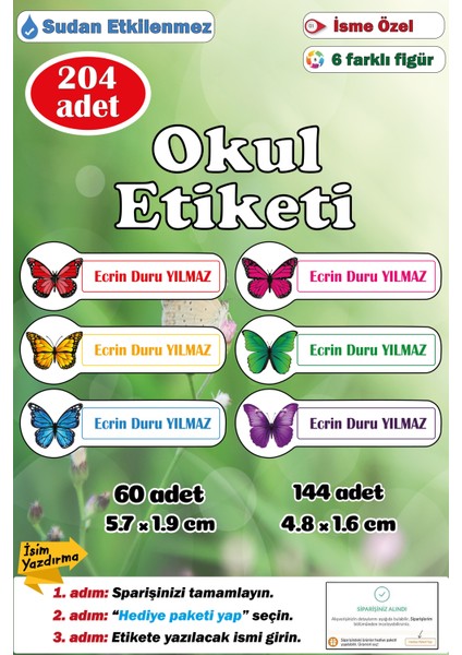 Isme Özel Okul Etiketi Isim Etiketi Kalem Defter Etiketi Sticker Kelebek Figürlü Isimli Etiket