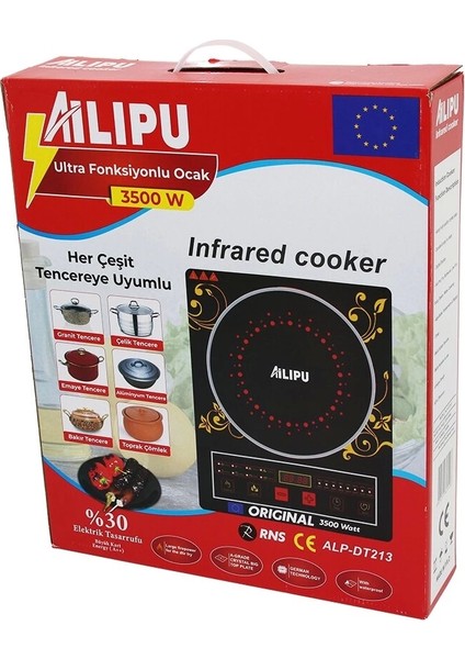 Dijital Tekli Elektrikli Ultra Fonksiyonlu Ocak 3500W Kızılötesi Pişirici Zamanlayıcı Dokunmatik ALP-DT213