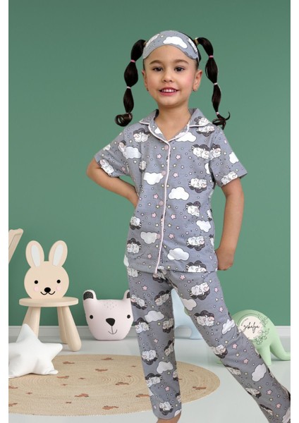 Kız Çocuk Gömlek Yaka Kısa Kollu Düğmeli Kuzu ve Bulut Desenli Pijama Takımı