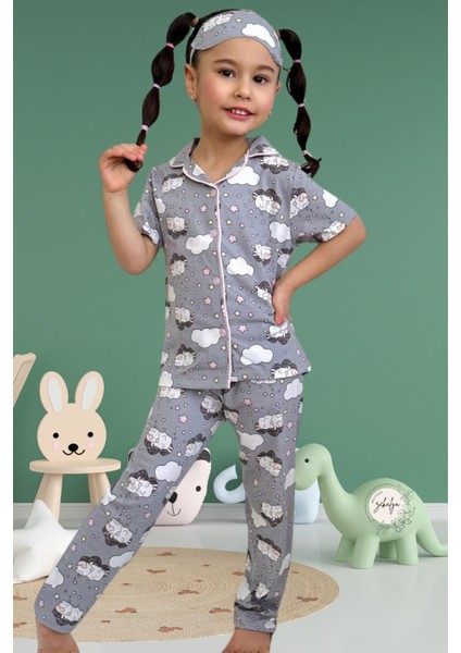 Kız Çocuk Gömlek Yaka Kısa Kollu Düğmeli Kuzu ve Bulut Desenli Pijama Takımı fiyatları