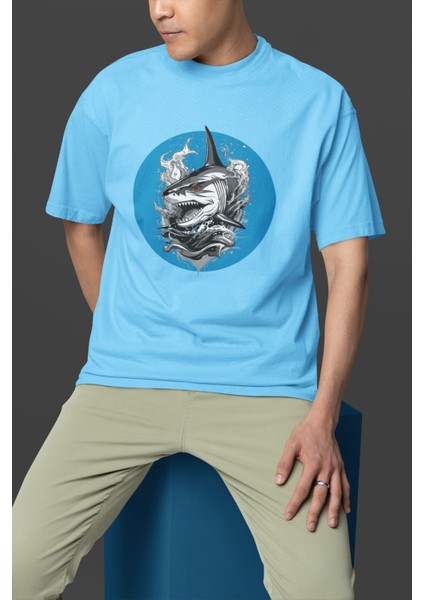 Erkek Köpek Balığı Foto Transfer Baskılı Yuvarlak Yaka Kısa Kol Tişört