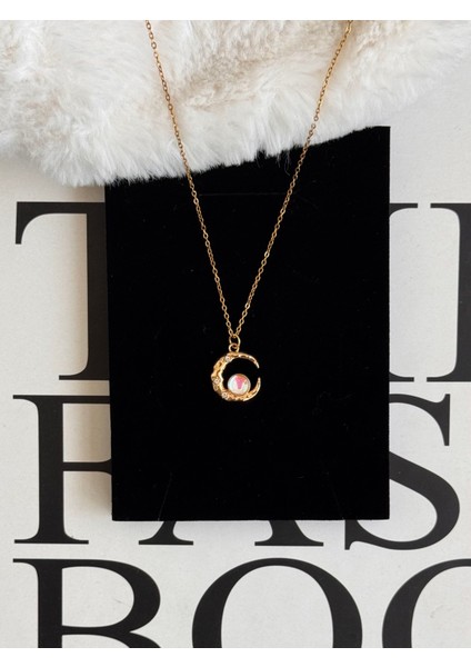Opal Taşlı Ay Gold Çelik Kolye