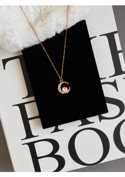 Opal Taşlı Ay Gold Çelik Kolye fiyatları