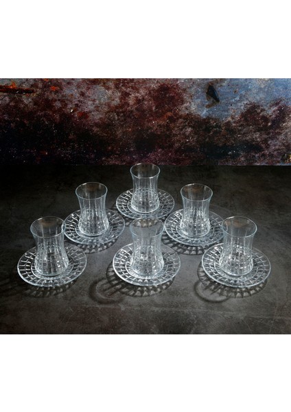 Kristal El Yapımı Çay Takımı – 12 Parça | 6 Bardak 6 Cam Tabak – Lunara Desen