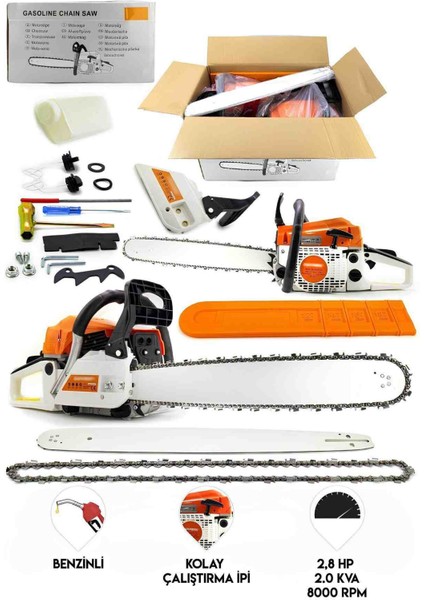 3 Hp 52 cc Zincirli Benzinli Ağaç Odun Kesme Makinesi 2.0kw 8.000 Rpm Hizar