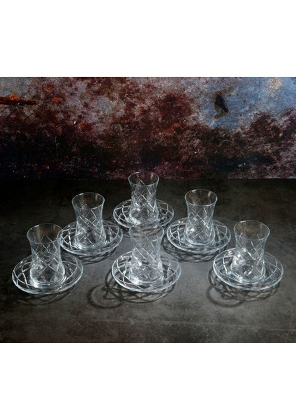 Kristal El Yapımı Çay Takımı – 12 Parça | 6 Bardak 6 Cam Tabak – Tessera Model