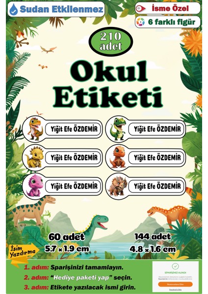 Isme Özel Okul Etiketi Kalem Defter Etiketi Sticker Kız Çocuk Dinozor Figürlü Isim Etiketi Set-2