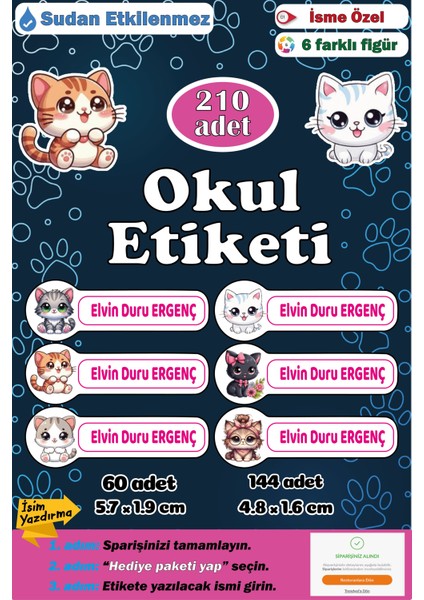 Isme Özel Okul Etiketi Kalem Defter Etiketi Sticker Kız Erkek Çocuk Kedili Isim Etiketi