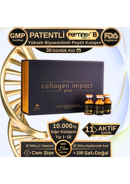 Kolajen 10.000 mg Tip 1-3 %100 Saf Patentli Hidrolize Sığır Kolajeni, 150mg Hyaluronik Asit, 500 mg Vitamin C, 200 mg Glutatyon, 25mg Resveratrol, 100 mg Elastin, Collagen Diyet Takviyesi