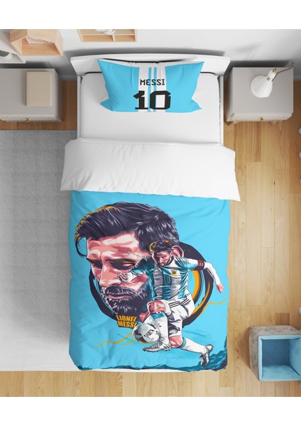 Messi 3D Dijital Baskılı Futbol Tek Kişilik Çarşafsız Genç Erkek Çocuk Nevresim Takımı