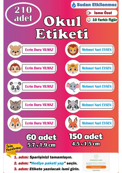 Kişiye Isme Özel Okul Etiketi Isim Etiketi Kalem Defter Etiketi Sticker Hayvan Figürlü Isimli Etiket