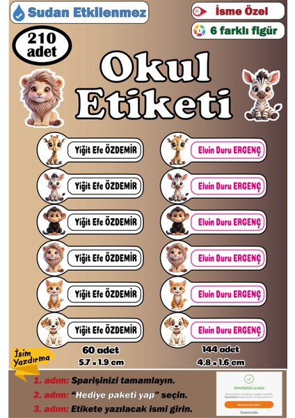 Isme Özel Okul Etiketi Kalem Defter Etiketi Sticker Kız Çocuk Hayvanlar Figürlü Isim Etiketi