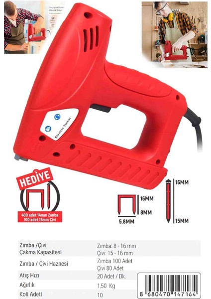 2'si 1 Arada Elektrikli Zımba Çivi Tabancası Seti, 1200 Zımba Teli ve 300 Çivi / 20 Adet/dak.ika