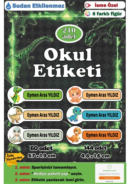 Isme Özel Okul Etiketi Kalem Defter Etiketi Sticker Kız Çocuk Dinozor Figürlü Isim Etiketi Set-1