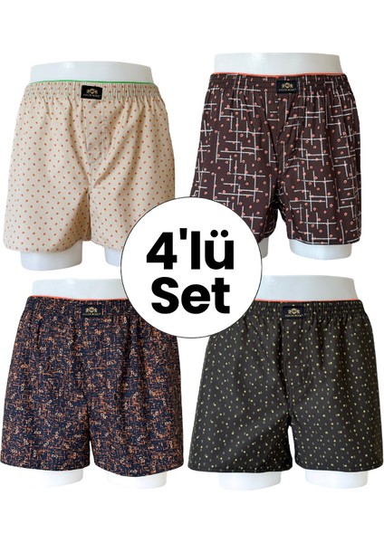 Erkek 4'lü Poplin Boxer Set - Karışık Desen - Kahve