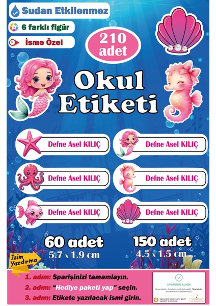 Isme Özel Okul Etiketi Kalem Defter Etiketi Sticker Kız Erkek Çocuk Deniz Canlıları Isim Etiketi
