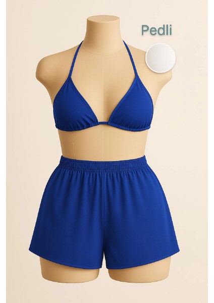 Kadın Mavi Şortlu Belden ve Boyundan Bağlamalı Bikini Takımı