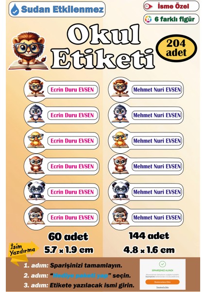 Isme Özel Okul Etiketi Kalem Defter Etiketi Sticker Kız Erkek Çocuk Isim Etiketi
