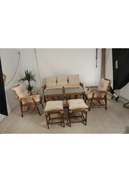 7 Kişilik Bambu Oturma Grubu Bahçe Mobilyası Balkon Takımı