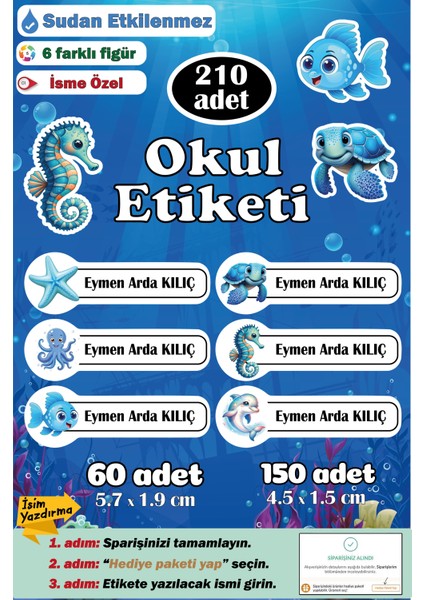 Isme Özel Okul Etiketi Kalem Defter Etiketi Sticker Kız Erkek Çocuk Deniz Canlıları Isim Etiketi
