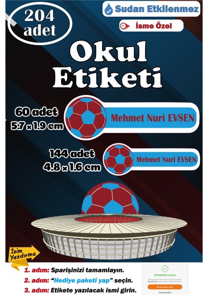Isme Özel Okul Etiketi Kalem Defter Etiketi Sticker Kız Erkek Çocuk Bordo Mavi Taraftar Isim Etiketi