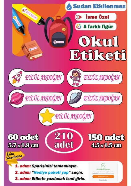 Isme Özel Okul Etiketi Isim Etiketi Kalem Defter Etiketi Sticker Uzay Figürlü Kız Isimli Etiket