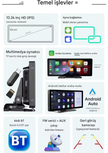 4K Carplay 128GB Araç Içi Güvenlik Kamerası 10.2'' Ekran Ön & Arka Kayıt Android & iPhone Uyumlu fiyatları
