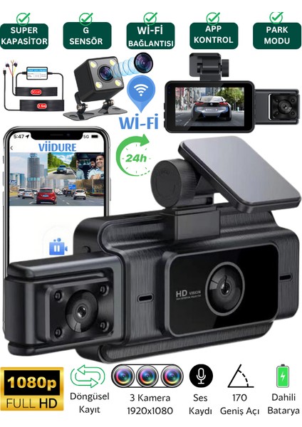 S-15 Wifi Full Hd 3 Kameralı Araç Içi Güvenlik Kamerası + Park Modu Kablosu Ön-Arka-Iç Kayıt,dashcam