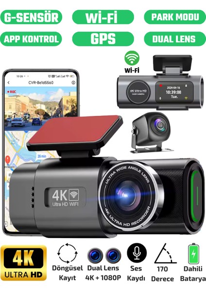 L308 4K UHD Araç İçi Kamera Wi-Fi GPS 128GB IR Gece Görüşü, Çift Lens Ön-Arka-İç Kayıt APP Kontrol DashCam