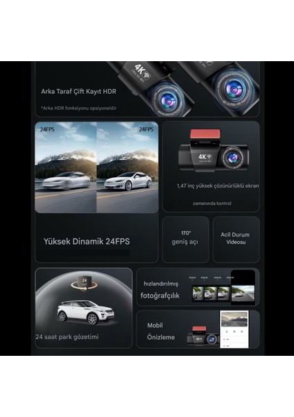 L308 Wifi 4K Araç Içi Güvenlik Kamerası + Park Modu Kablosu Çift Kamera Kayıt Cihazı Gps Gece Görüşü fırsatları