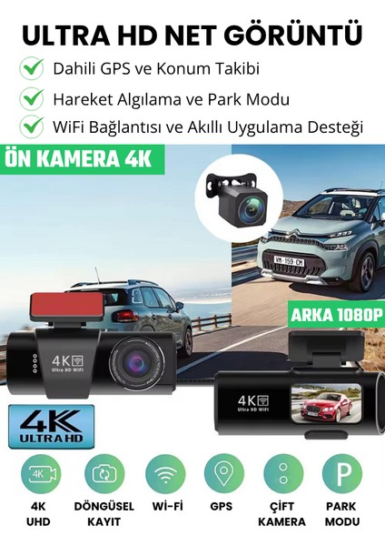 L308 Wifi 4K Araç Içi Güvenlik Kamerası + Park Modu Kablosu Çift Kamera Kayıt Cihazı Gps Gece Görüşü modelleri
