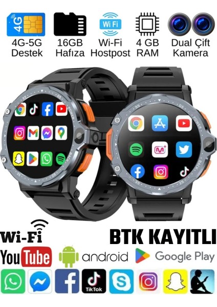 Watch PG Siyah 4G LTE Yuvarlak Akıllı Saat 16GB SIM Kartlı Kameralı WiFi Çocuk Huawei Apple iPhone Uyumlu 8 9 10