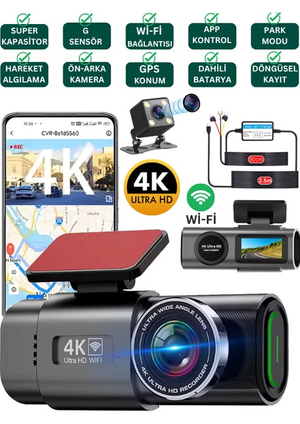 L308 Wifi 4K Araç Içi Güvenlik Kamerası + Park Modu Kablosu Çift Kamera Kayıt Cihazı Gps Gece Görüşü