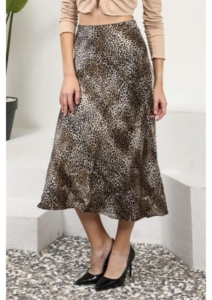 Kadın Leopar Midi Saten Etek