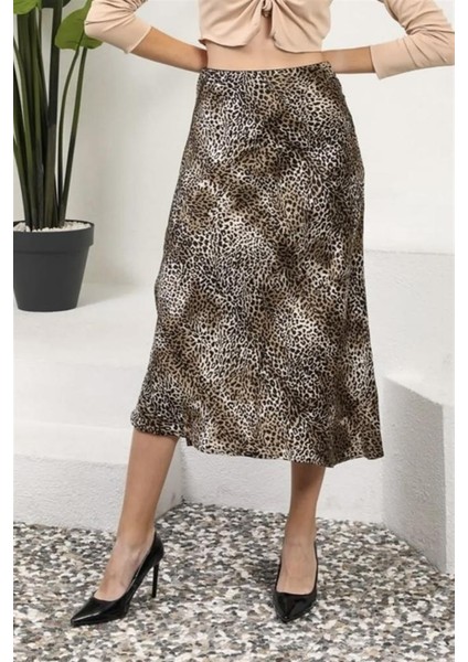 Kadın Leopar Midi Saten Etek modelleri