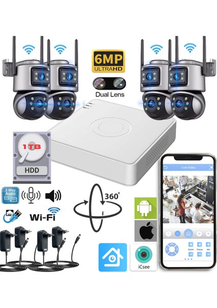Xmcam 4'lü Güvenlik Kamera Seti Dual Lens Wifi Kayıt Cihazı 1tb HDD Gece Görüşlü Su Geçirmez