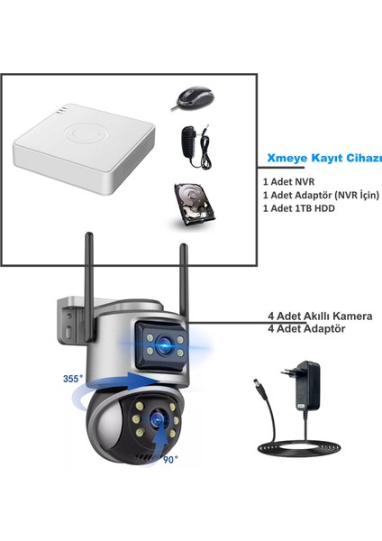 Xmcam 4'lü Güvenlik Kamera Seti Dual Lens Wifi Kayıt Cihazı 1tb HDD Gece Görüşlü Su Geçirmez modelleri