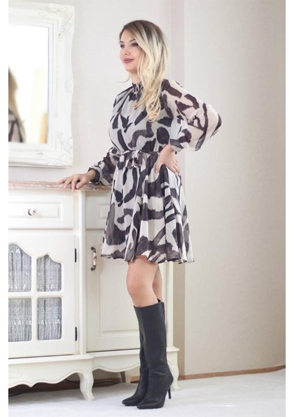 Kadın Zebra Desen Astarlı Şifon Elbise fiyatları